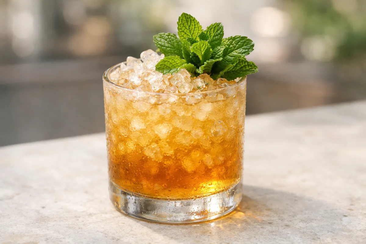 A Bourbon Smash over crushed ice with mint bouquet.