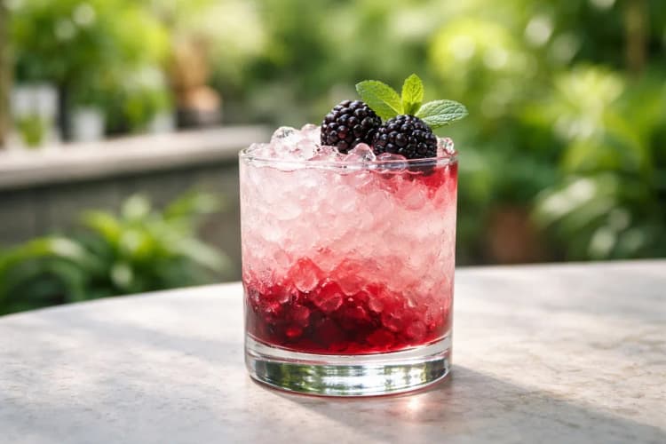 Bramble served over crushed ice in a rocks glass, pale with a dark berry drizzle, garnished with blackberry and lemon.