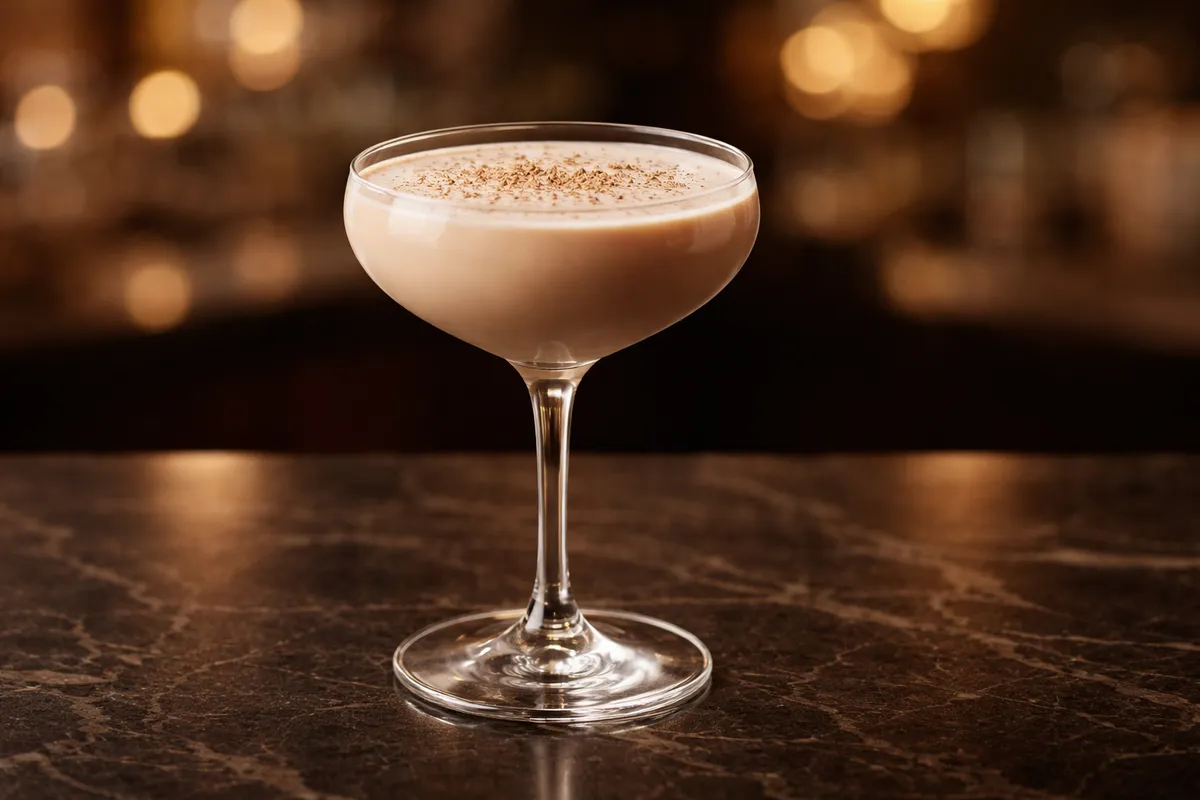 A coupe of Brandy Alexander with nutmeg dusted on top.