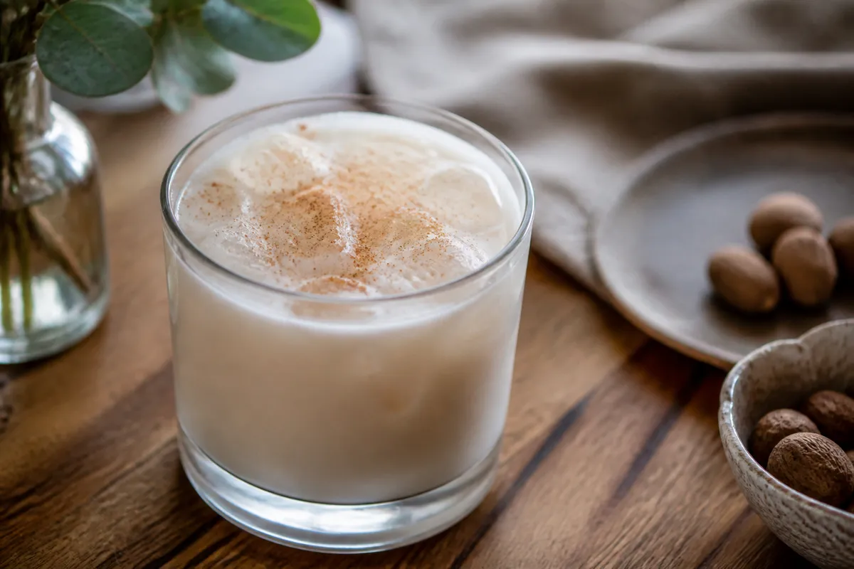 Brandy Milk Punch in a rocks glass over ice, creamy white, nutmeg dusting.
