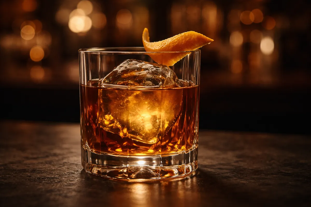 A Brown Butter Old Fashioned with a large cube and expressed orange peel.