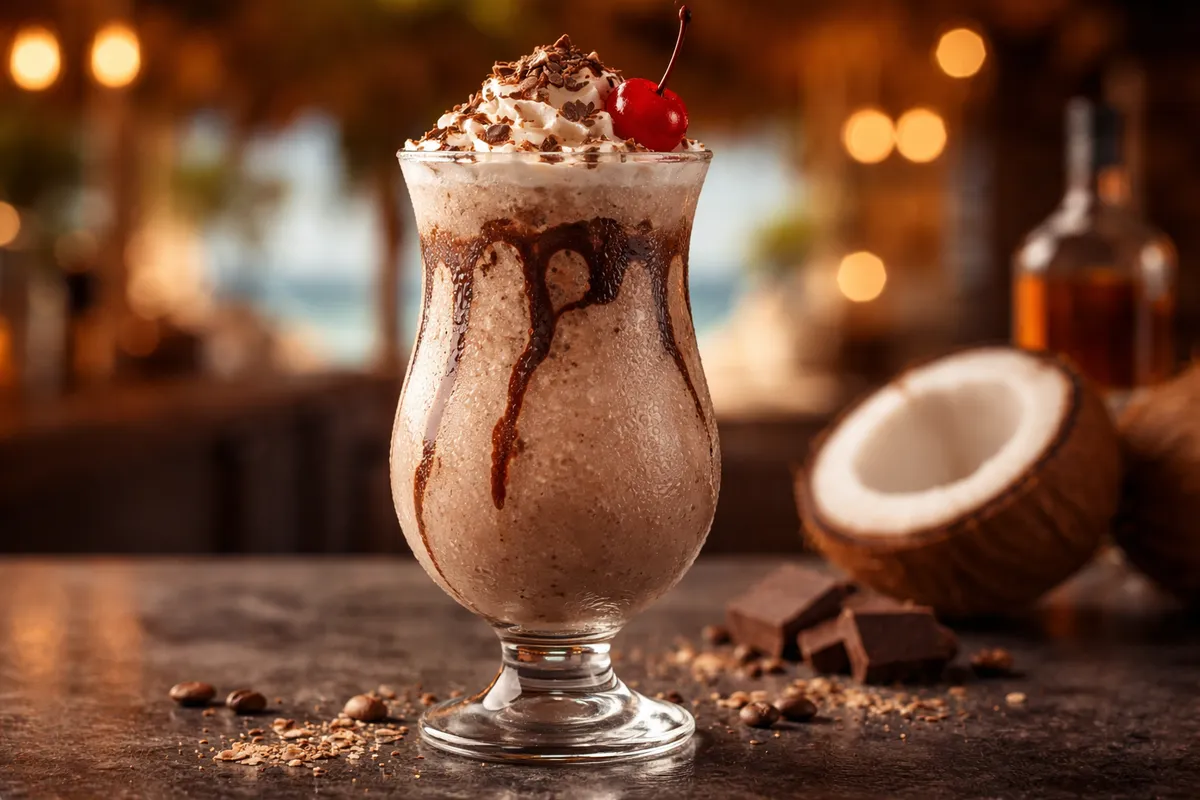 A frozen Bushwacker in a hurricane glass drizzled with chocolate syrup.