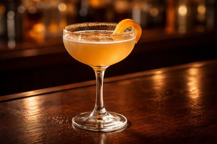 A Cable Car in a coupe with a cinnamon-sugar rim and orange twist.