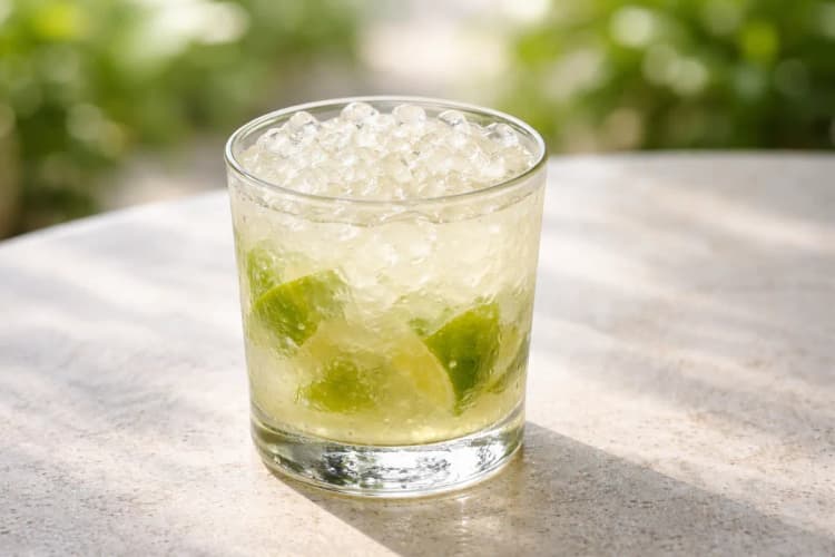 Caipirinha served in a rocks glass over ice with muddled lime wedges.