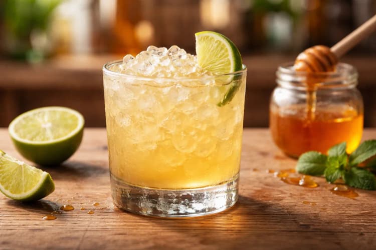 A Canchánchara in a small clay mug or rocks glass with a lime wedge.