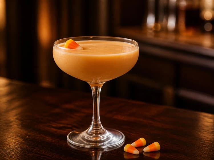 Candy Corn Martini in a coupe, pale orange cream dessert cocktail with candy corn lying on its side.
