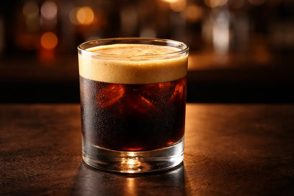 A Carajillo with a thick crema layer in a rocks glass.