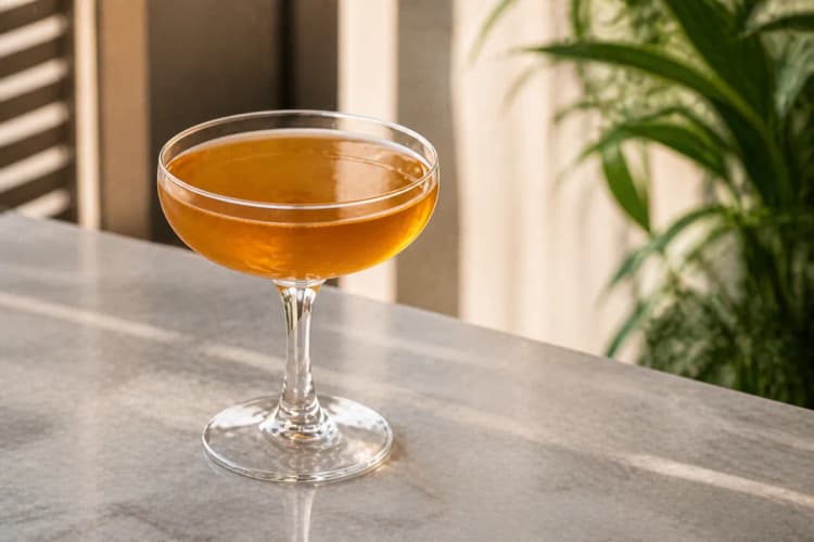 Caramel Apple Martini in a coupe, golden amber, ungarnished or caramel rim.