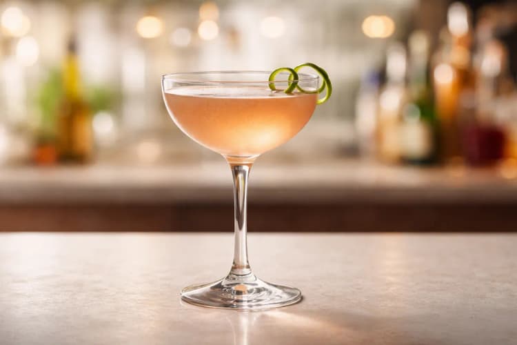 A Charlie Chaplin Cocktail in a coupe with lime twist.