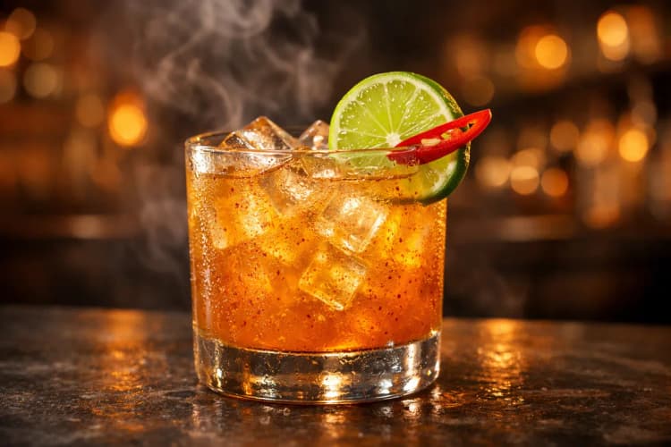 A Smoky Chipotle Margarita in a rocks glass with visible spice elements and garnish.