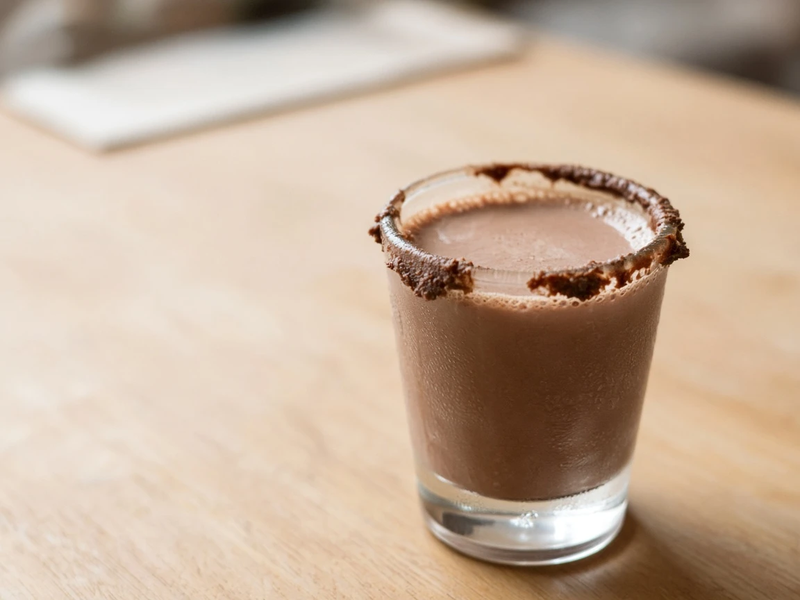 Chocolate Frosting Shot in a shot glass, creamy cocoa-brown, uneven chocolate frosting rim.