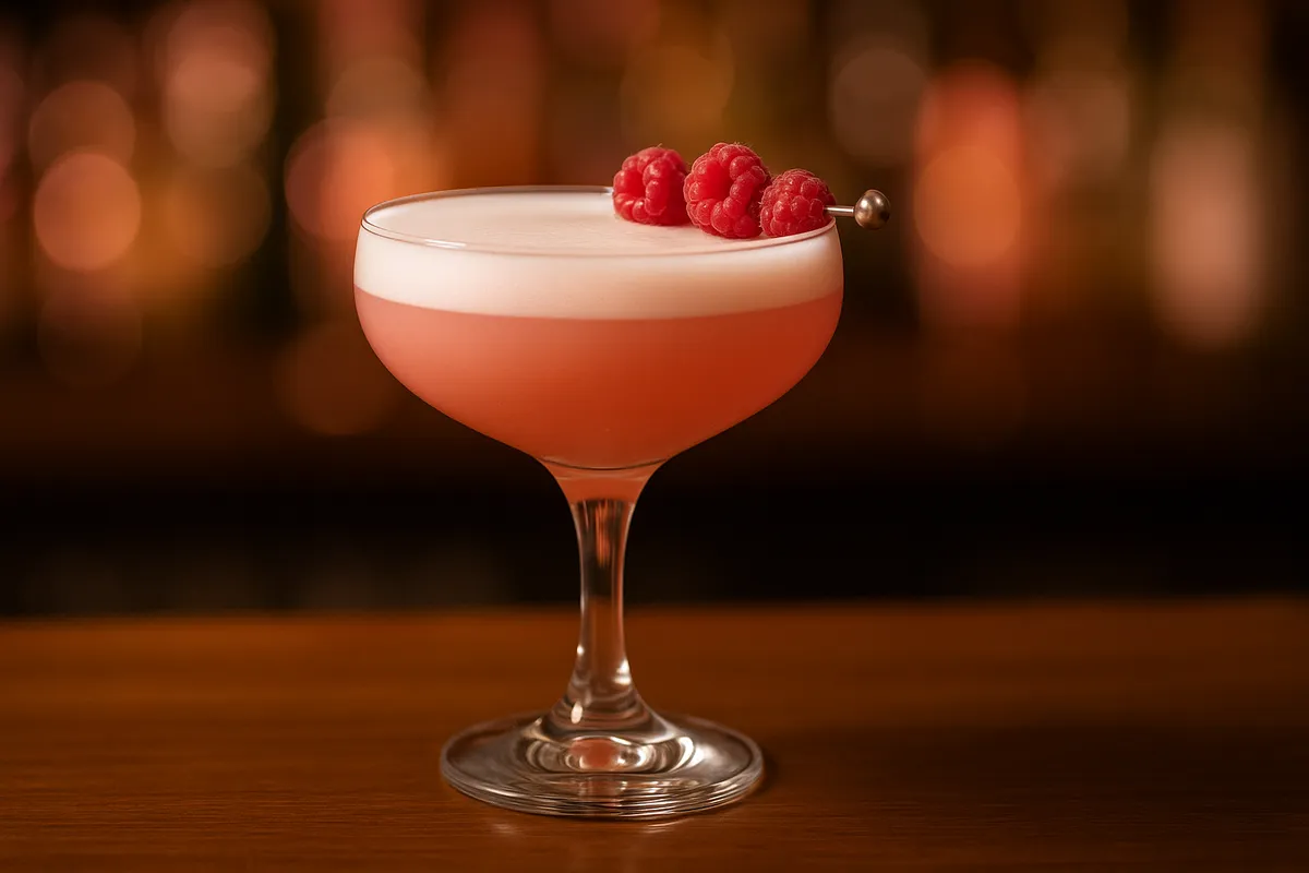 A coupe of Clover Club with a pink foam and a raspberry garnish.