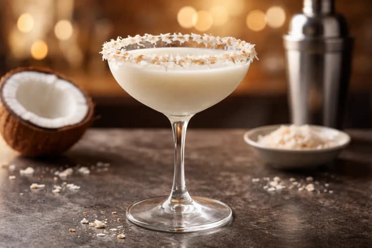 A Coconut Martini in a coupe rimmed with shredded coconut.