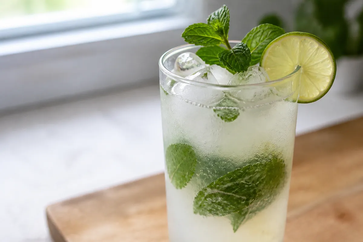 A Coconut Mojito in a highball glass with mint and cloudy white liquid.