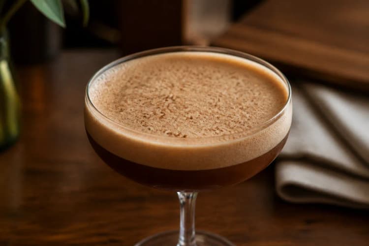 Coffee Cocktail in a coupe or small wine glass, opaque mahogany foam, nutmeg dust.