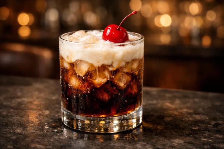 A Colorado Bulldog in a rocks glass with layered cream and bubbles.