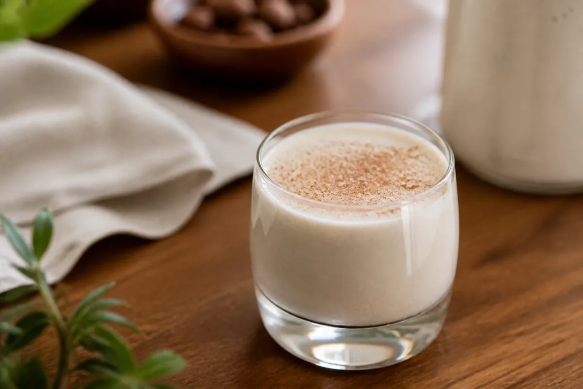 Coquito in a small glass, creamy white, cinnamon dusting.