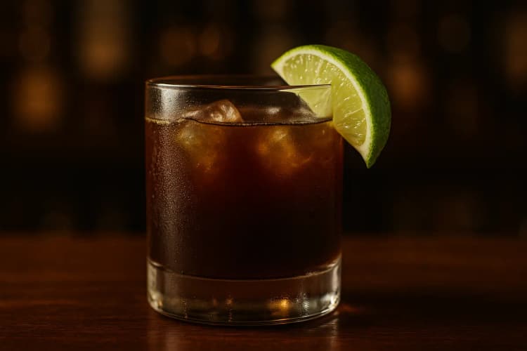 A Corn 'n' Oil in a rocks glass with a dark rum float and lime wedge.