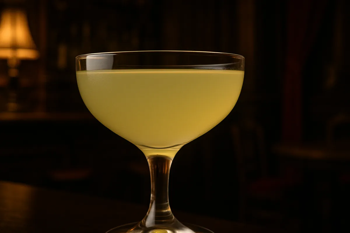 A chilled coupe of Corpse Reviver No. 2 with a faintly opalescent hue and a lemon twist.