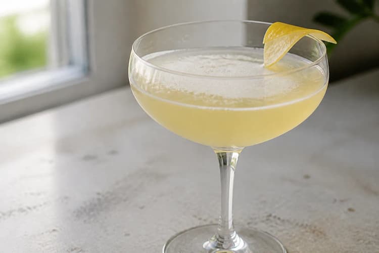 A chilled coupe of Corpse Reviver No. 2 with a faintly opalescent hue and a lemon twist.