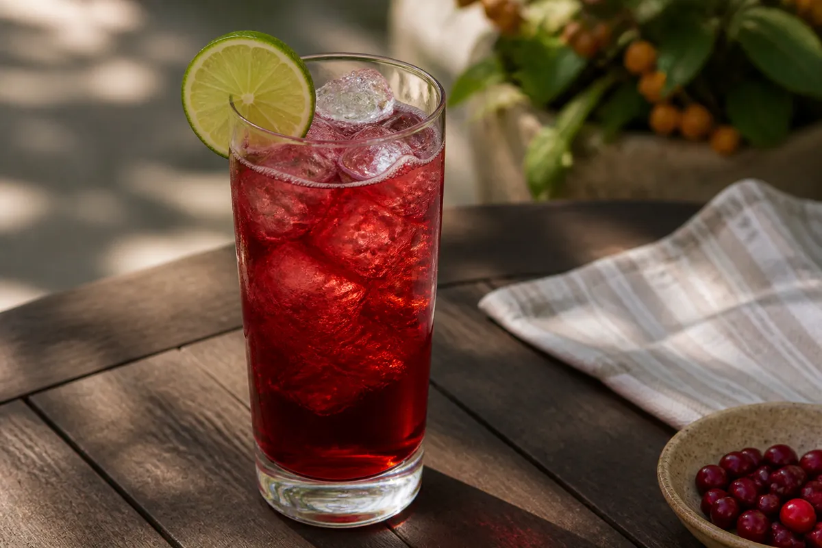 Cranberry Mule in a copper mug or highball over ice, deep red, lime wheel.