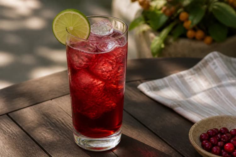 Cranberry Mule in a copper mug or highball over ice, deep red, lime wheel.