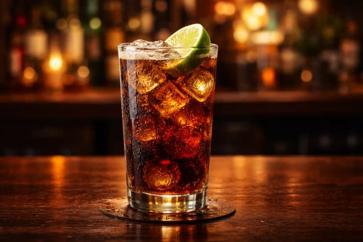 A Cuba Libre in a highball glass with a lime half-shell.