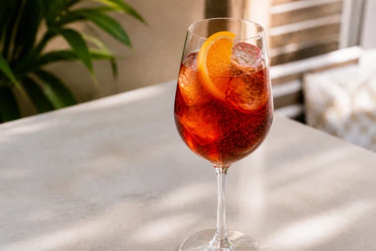 Cynar Spritz in a wine glass over ice, deep cola-amber, orange slice.