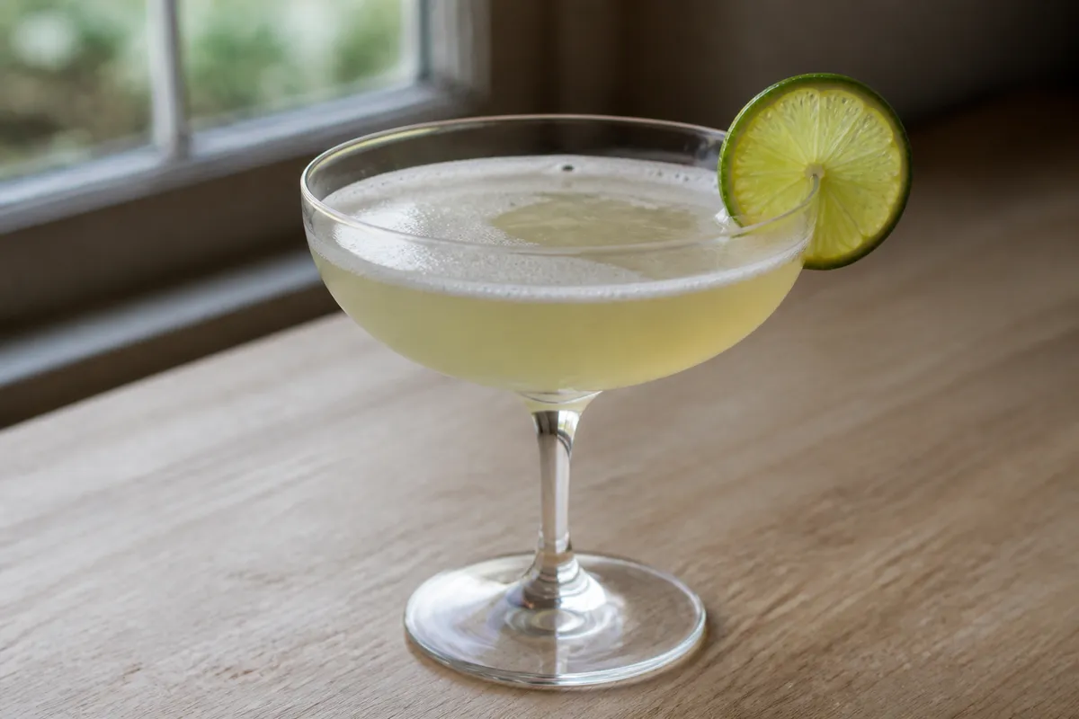 A classic Daiquiri served in a chilled coupe with a thin lime wheel on the rim against a dark bar backdrop.