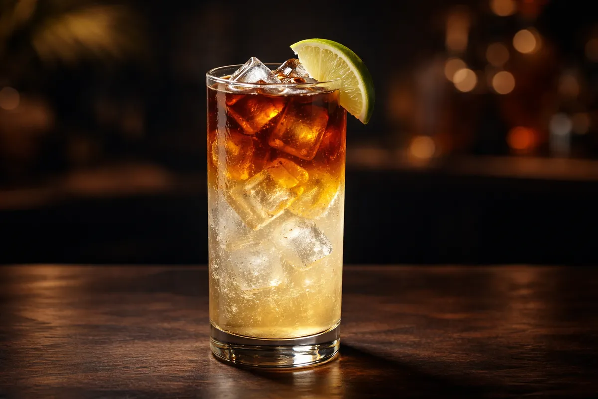 A Dark 'n' Stormy in a highball glass with dark rum floating over ginger beer.