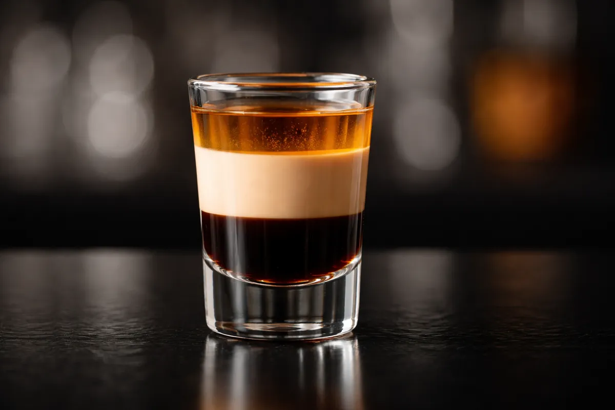 A layered Duck Fart shot showing distinct brown, cream, and amber bands.