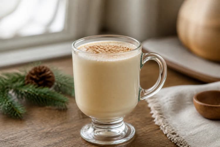 Eggnog in a punch cup, creamy pale, nutmeg dusting.