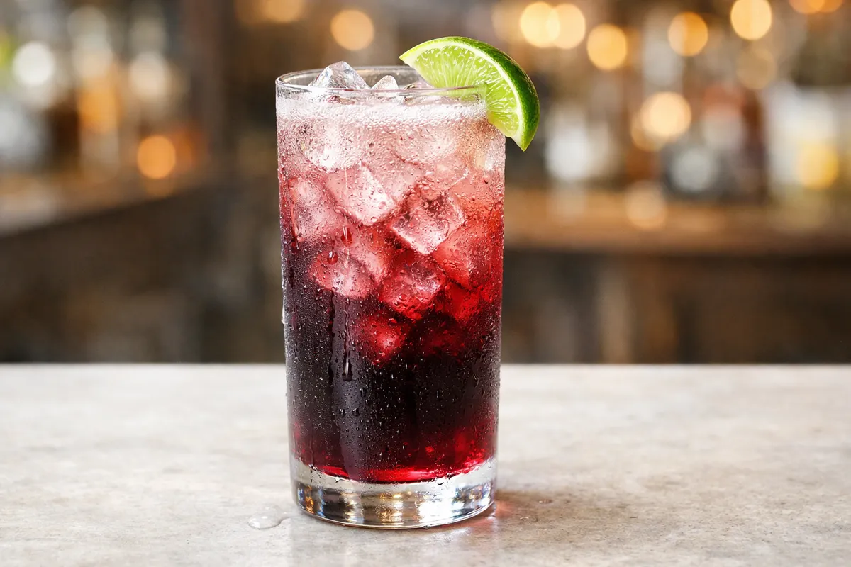 An El Diablo in a highball glass with a lime wedge.