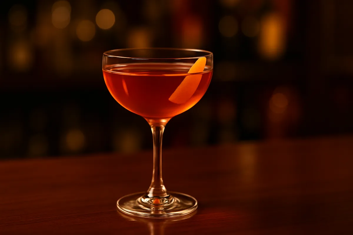 A coupe of El Presidente with a pale coral hue and a wide orange peel resting on the rim.