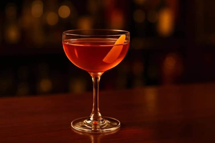 A coupe of El Presidente with a pale coral hue and a wide orange peel resting on the rim.