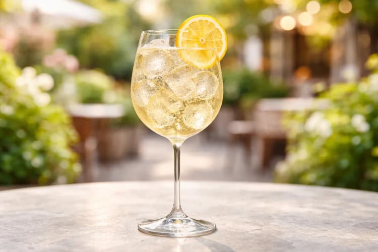 A wine glass Elderflower Spritz with ice and lemon wheel.