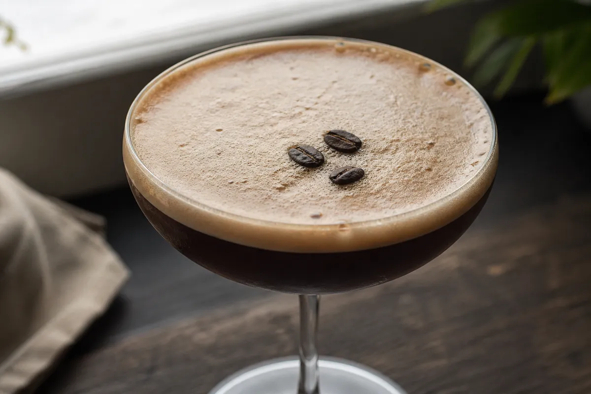 A chilled coupe of Espresso Martini with thick crema and three coffee beans.