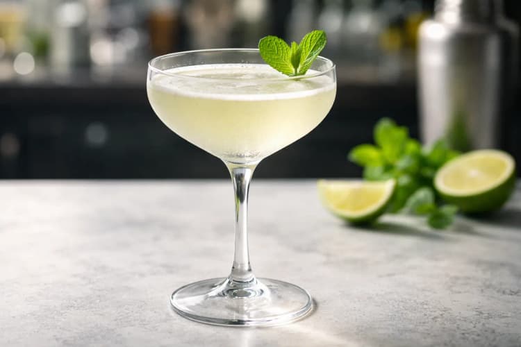 A Fallen Angel in a coupe with a mint leaf.