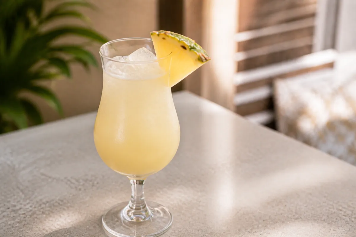A Flying Kangaroo in a hurricane glass with pineapple garnish.
