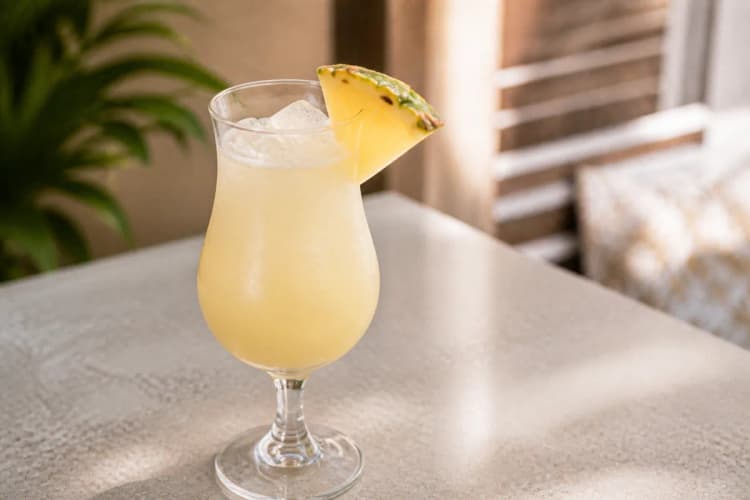 A Flying Kangaroo in a hurricane glass with pineapple garnish.