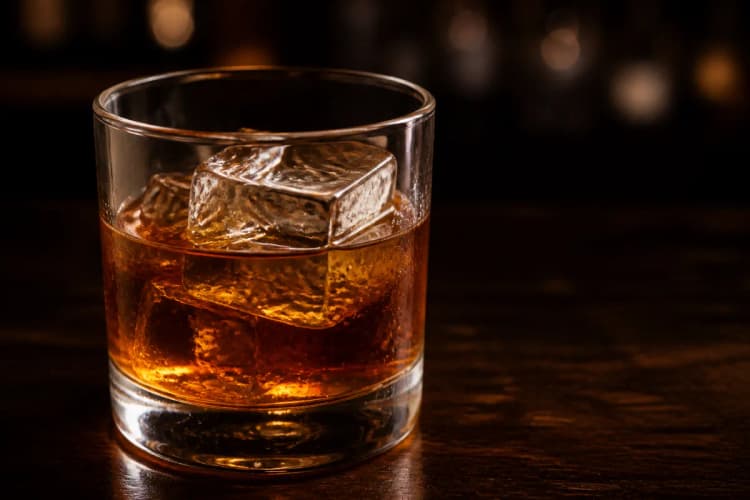 French Connection served in a rocks glass over ice, deep amber in color, no garnish.