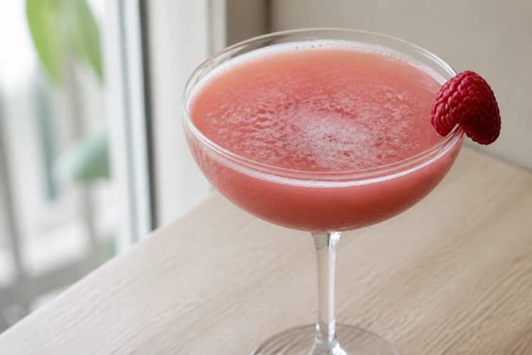 A French Martini with frothy top and raspberry garnish.