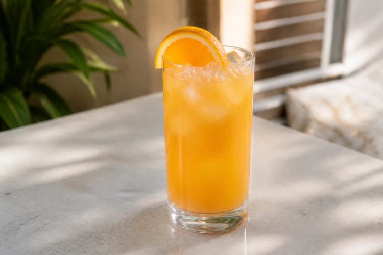 Fuzzy Navel served in a highball glass over ice, opaque orange, garnished with an orange wheel.