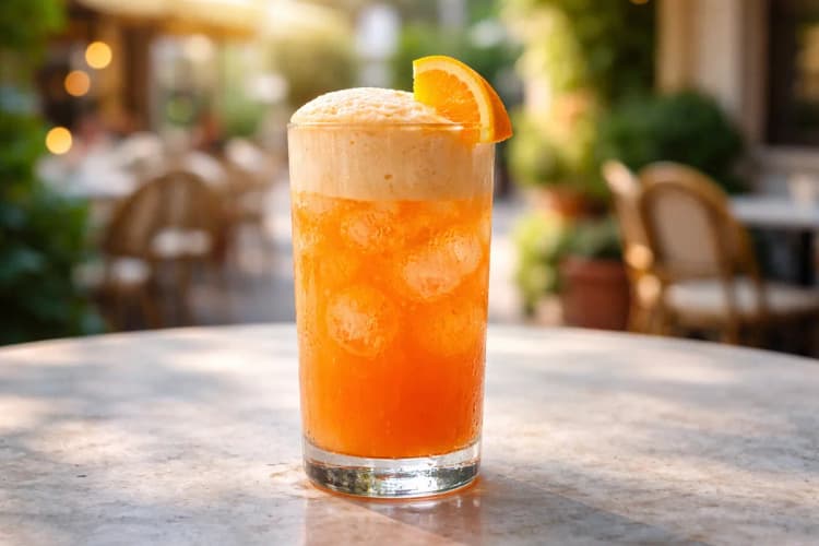 A Garibaldi in a highball glass with a thick frothy head and orange wedge.