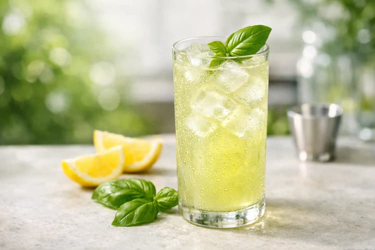 A tall Gin Basil Lemonade with basil leaf garnish.