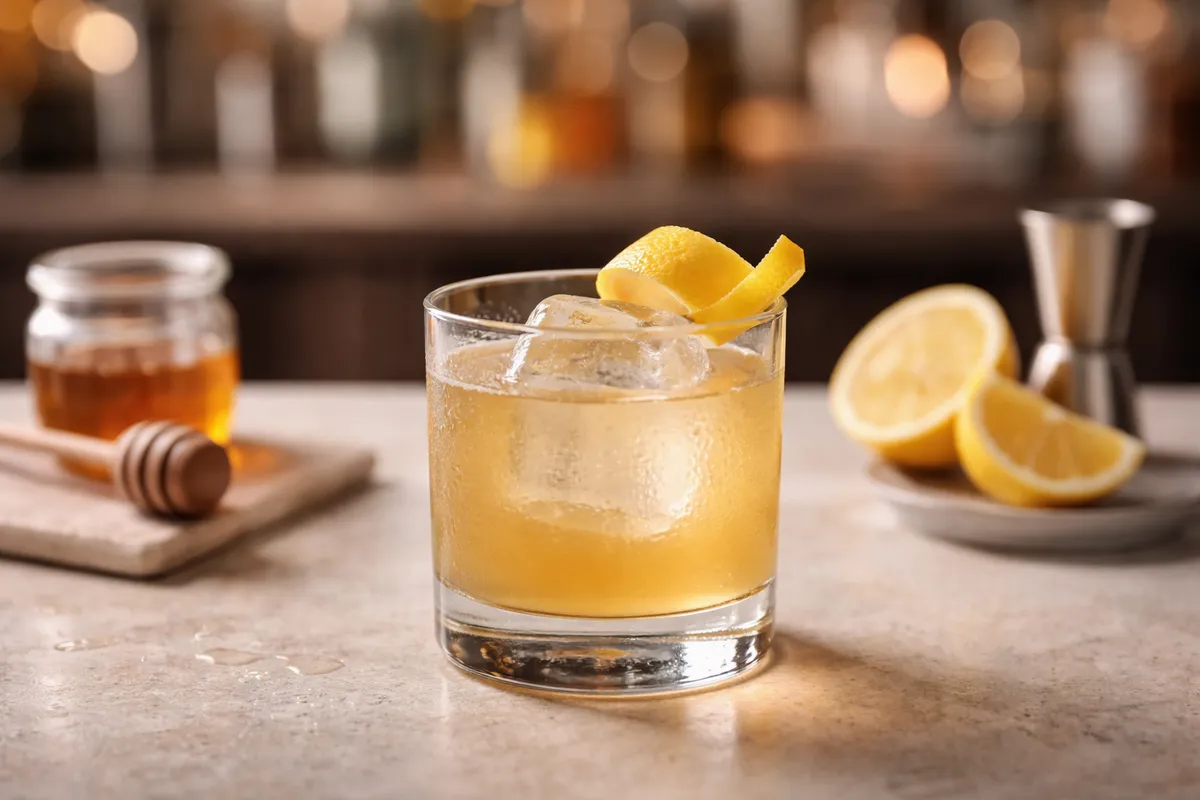 A Gold Rush over a large ice cube with lemon peel.