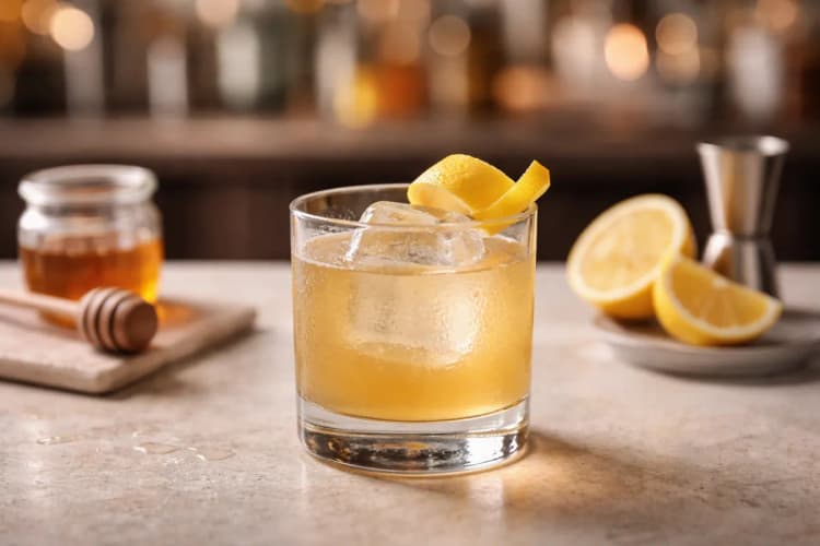 A Gold Rush over a large ice cube with lemon peel.