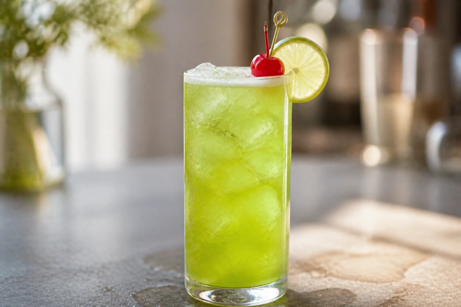 Green Goblin in a highball over ice, bright green Midori pineapple cocktail with lime and cherry.