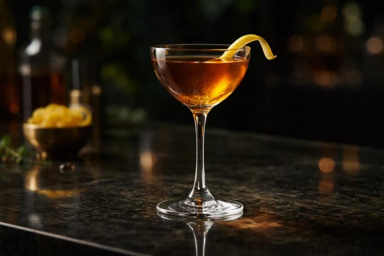 A Greenpoint in a Nick & Nora glass with lemon twist.