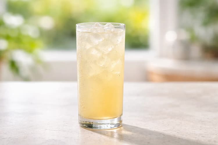 A Greyhound in a highball glass with pale pink liquid and a lime wedge.